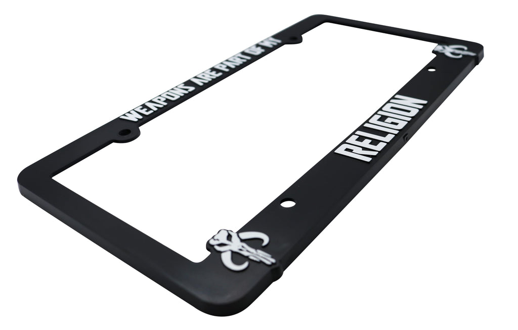 LP Frameworks Weapons are Part of My Religion for Mandalorian Fans 3D Raised License Plate Frame | 1 Pack Car License Plate Cover | Universal US Black License Plate Holder | Auto Accessories