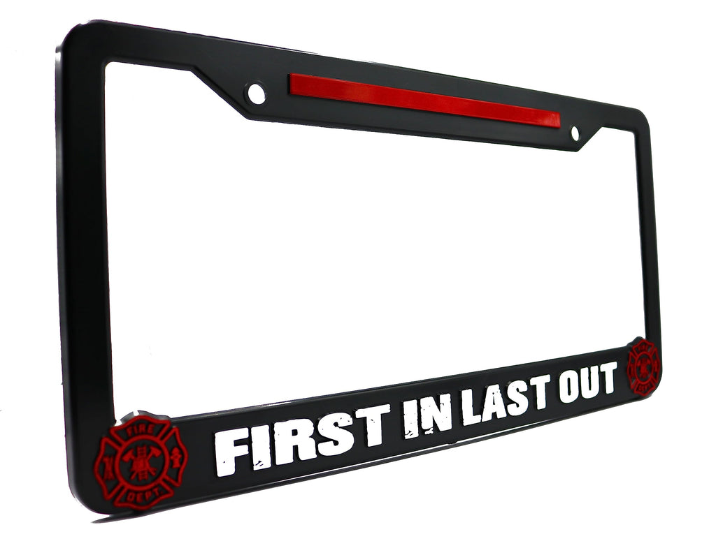 LP Frameworks First in Last Out Firefighter 3D Raised License Plate Frame | 1 Pack USA Car License Plate Cover | Universal US Car Black License Plate Holder | Auto Accessories (Car, Truck and SUV)