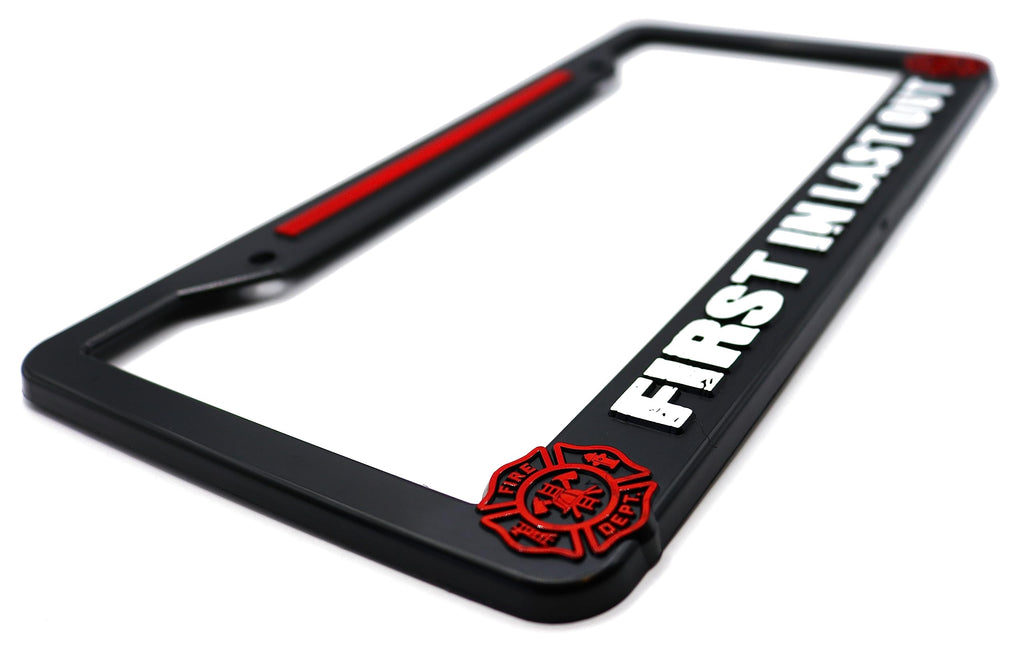 LP Frameworks First in Last Out Firefighter 3D Raised License Plate Frame | 1 Pack USA Car License Plate Cover | Universal US Car Black License Plate Holder | Auto Accessories (Car, Truck and SUV)