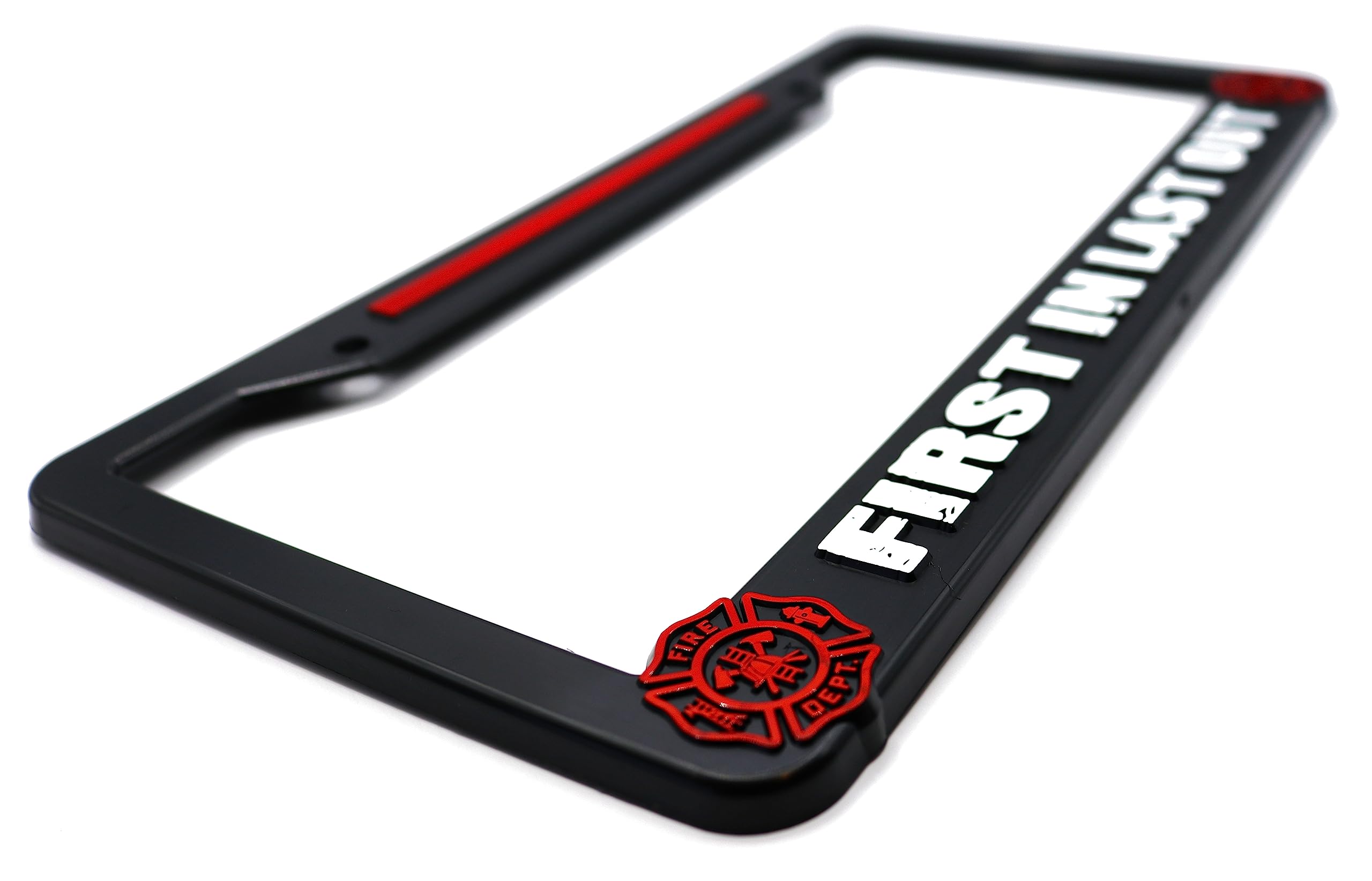 LP Frameworks First in Last Out Firefighter 3D Raised License Plate Frame | 1 Pack USA Car License Plate Cover | Universal US Car Black License Plate Holder | Auto Accessories (Car, Truck and SUV)