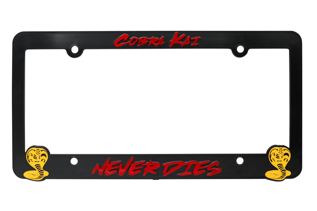 LP Frameworks Cobra Kai Never Dies for Karate Kid 3D Raised License Plate Frame | 1 Pack Car License Plate Cover | Universal US Black License Plate Holder | Auto Accessories (Car, Truck and SUV)