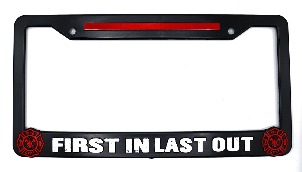 LP Frameworks First in Last Out Firefighter 3D Raised License Plate Frame | 1 Pack USA Car License Plate Cover | Universal US Car Black License Plate Holder | Auto Accessories (Car, Truck and SUV)
