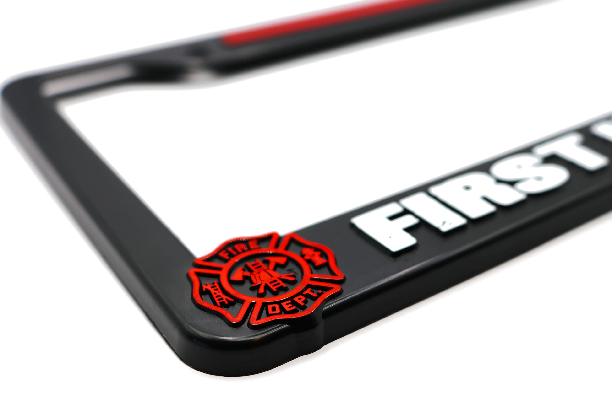 LP Frameworks First in Last Out Firefighter 3D Raised License Plate Frame | 1 Pack USA Car License Plate Cover | Universal US Car Black License Plate Holder | Auto Accessories (Car, Truck and SUV)