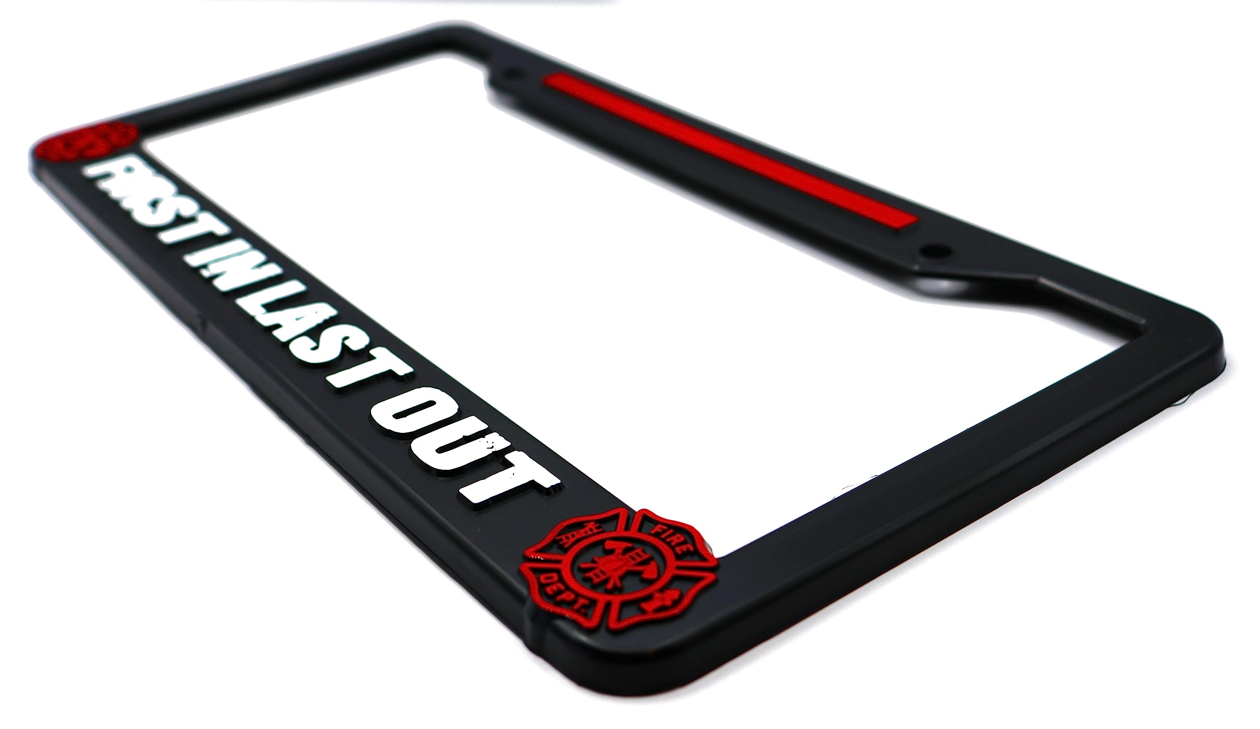 LP Frameworks First in Last Out Firefighter 3D Raised License Plate Frame | 1 Pack USA Car License Plate Cover | Universal US Car Black License Plate Holder | Auto Accessories (Car, Truck and SUV)