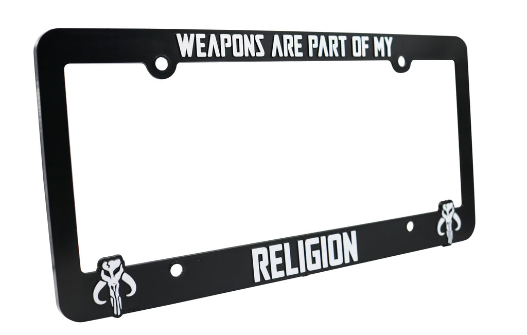 LP Frameworks Weapons are Part of My Religion for Mandalorian Fans 3D Raised License Plate Frame | 1 Pack Car License Plate Cover | Universal US Black License Plate Holder | Auto Accessories